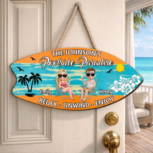Poolside Paradise Wooden Sign, Personalized Sunny Beach Couple Illustration, Relax Unwind Enjoy, Creative Gift