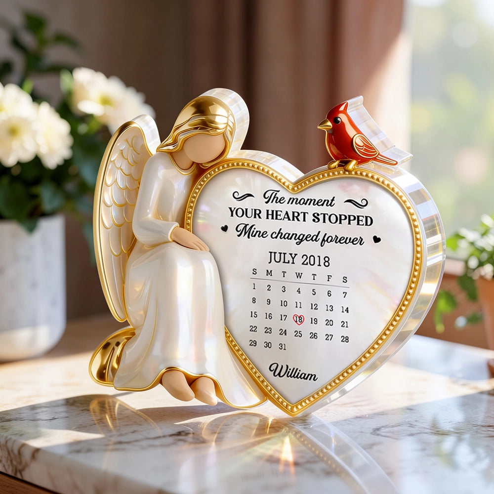 Personalized Shaped Acrylic Block Plaque with Angel & Heart Calendar Design - Memorial Keepsake Gift for Family