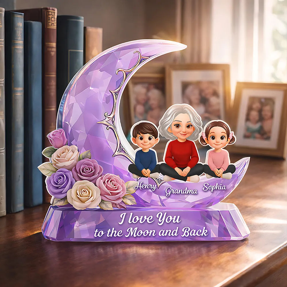 Personalized Shaped Acrylic Block Plaque with Grandma and Grandkids on a Purple Moon, Unique Gift for Grandma, I Love You to the Moon and Back
