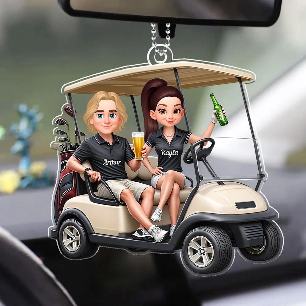 Personalized Acrylic Car Hanger Funny Golf Cart Couple Mirror Decor - Unique Gift for Couples