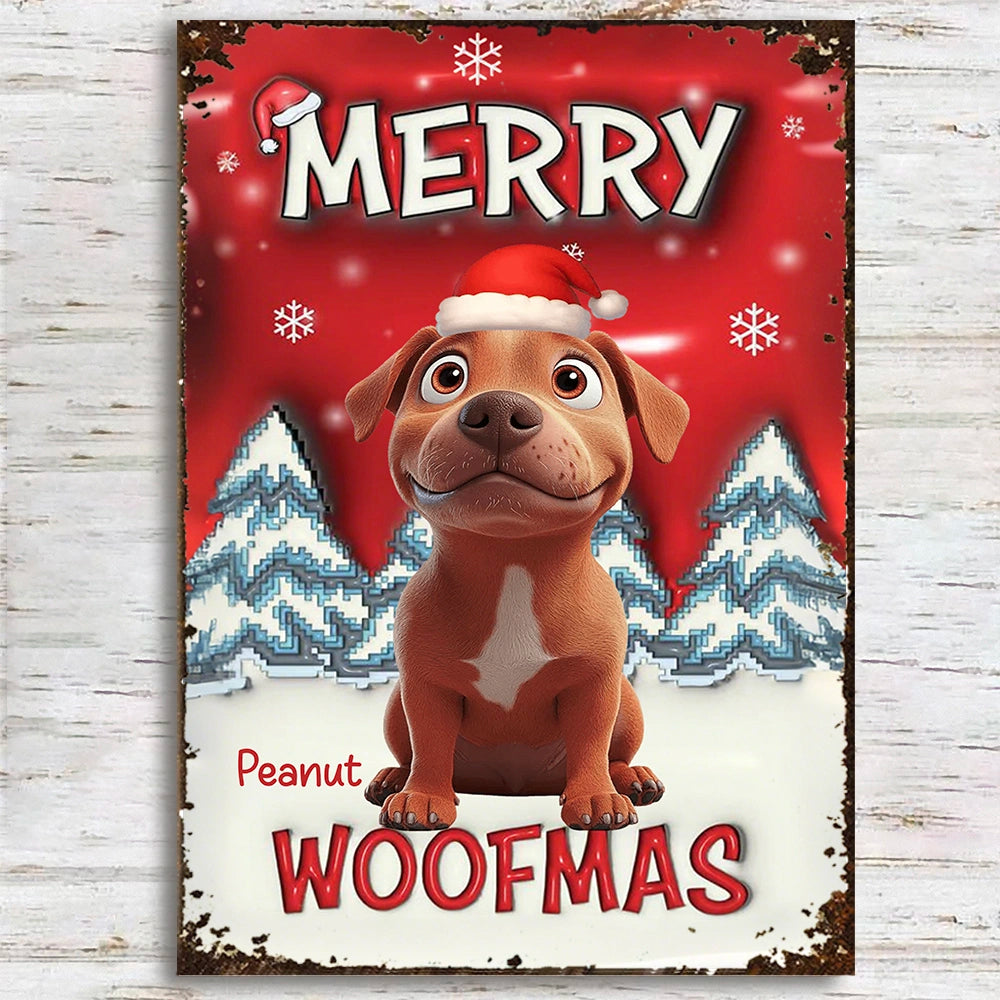 Custom Dog Rectangular Iron Sign Merry Woofmas – Playful Santa Hat Pup in Snowy Christmas Yard, Heartwarming Personalized Holiday Gift