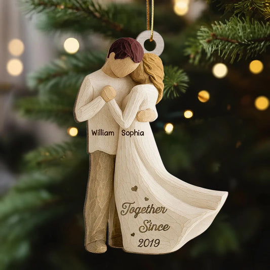 Romantic Wooden Ornament Personalized for a Couple, Sweet Hugging Design with Warm Neutrals, Unique Gift for Partner