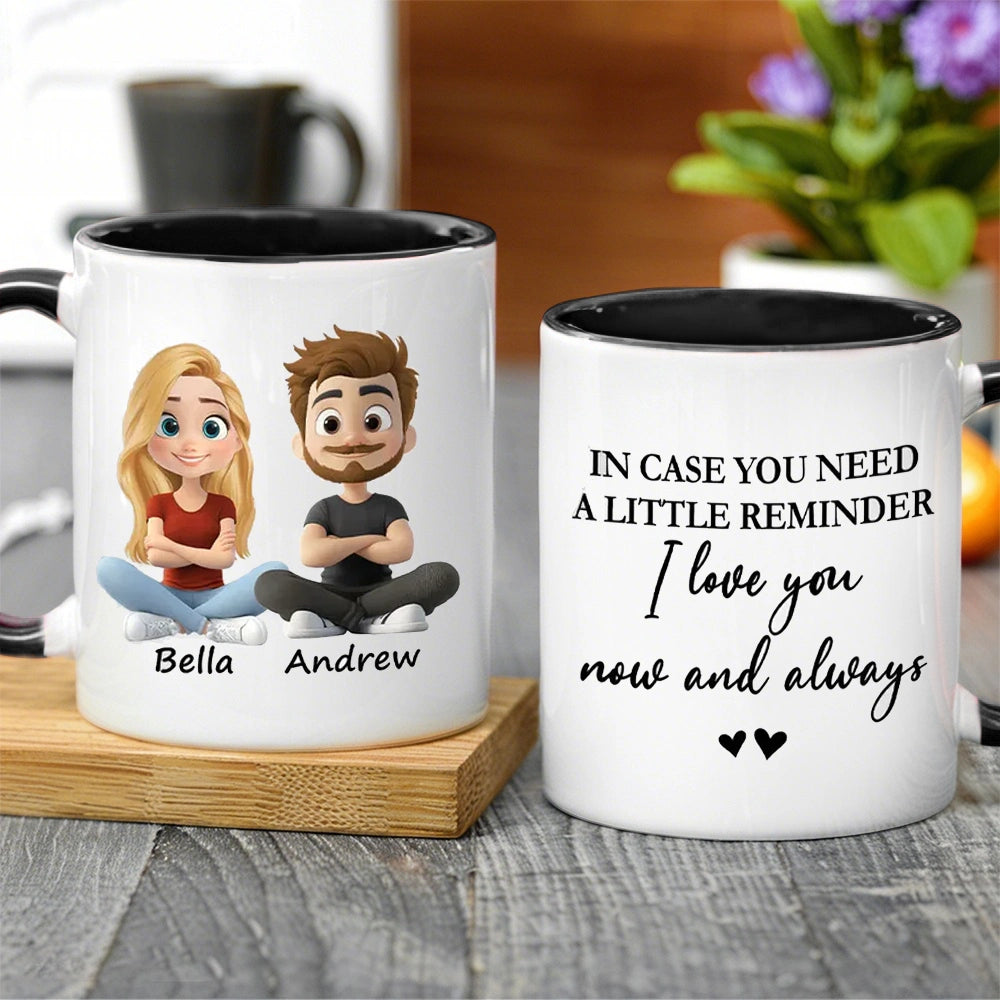 Personalized White Ceramic Mug With Cute Couple Cartoon and I love you now and always - Unique Gift for Girlfriend or Wife
