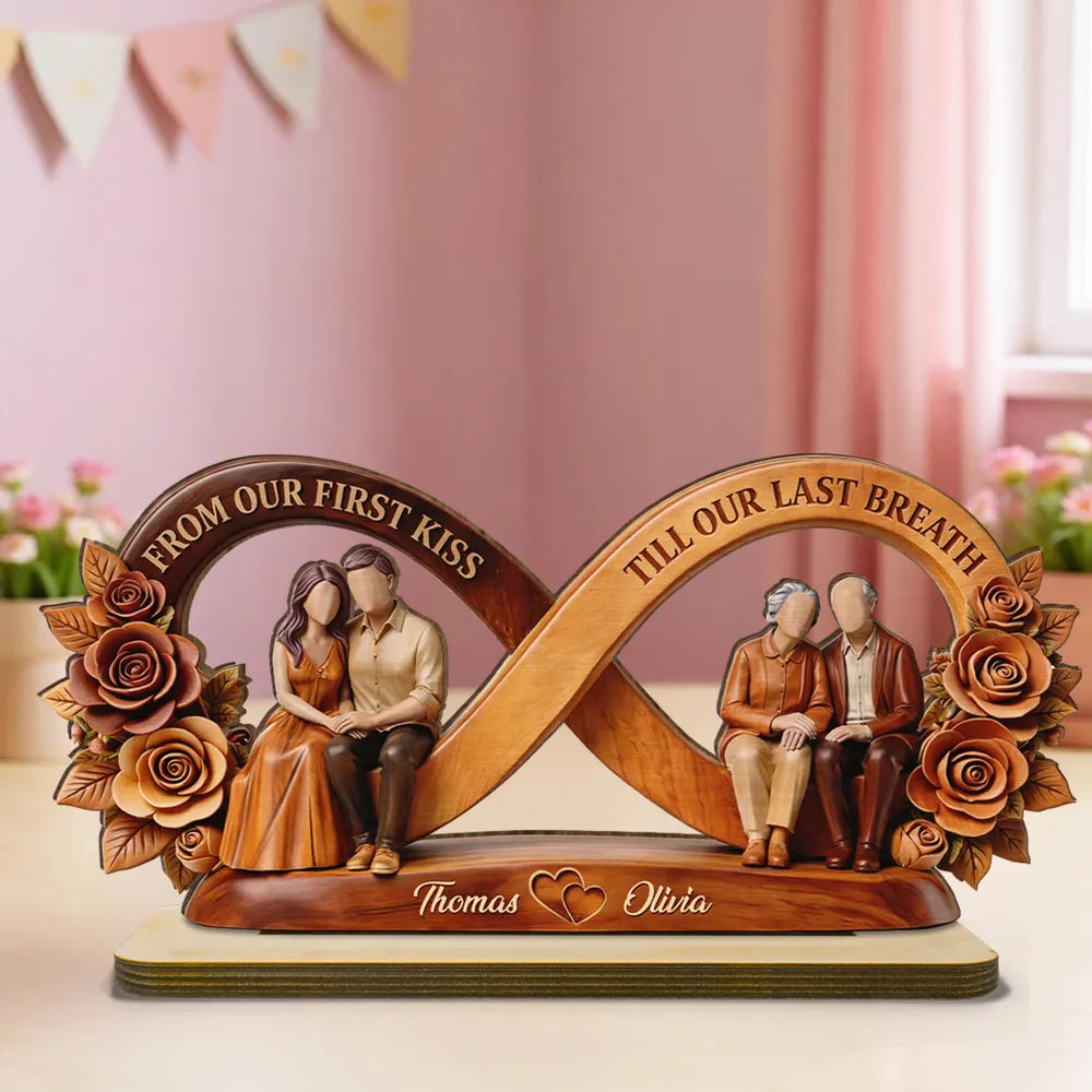 Personalized 2-Layer Wooden Plaque Infinity Couple With Roses, From Our First Kiss Quote, Unique Anniversary Gift For Him & Her