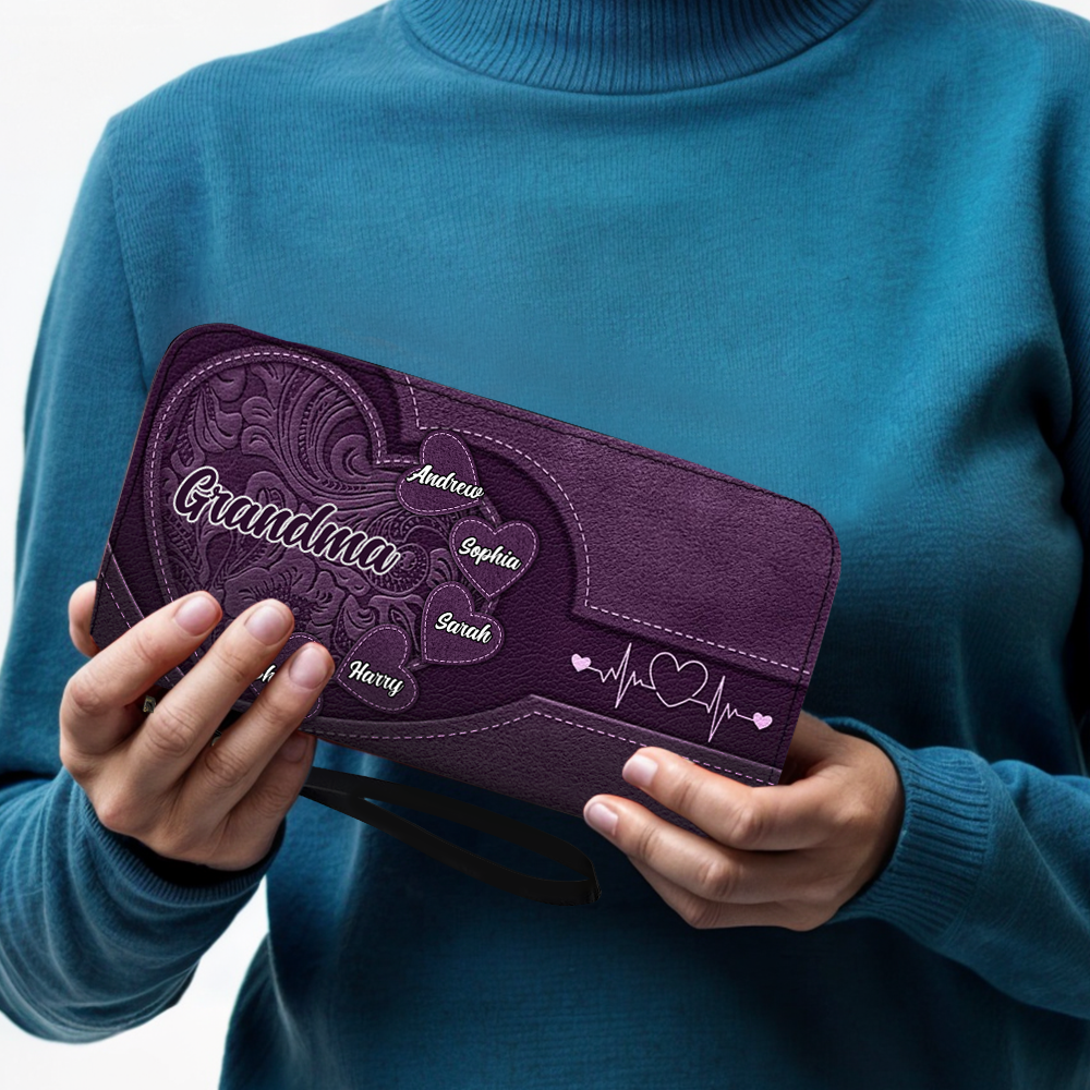 Custom Leather Wallet – Beautiful Leather Long Wallet with Heartfelt Grandkids' Names – The Perfect Gift for Grandma