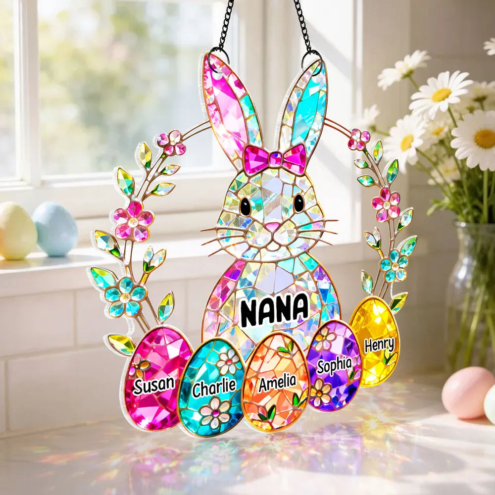 Acrylic Suncatcher Ornament Rainbow Bunny with Floral Wreath for Grandma Sunny Window Decor Unique Gift