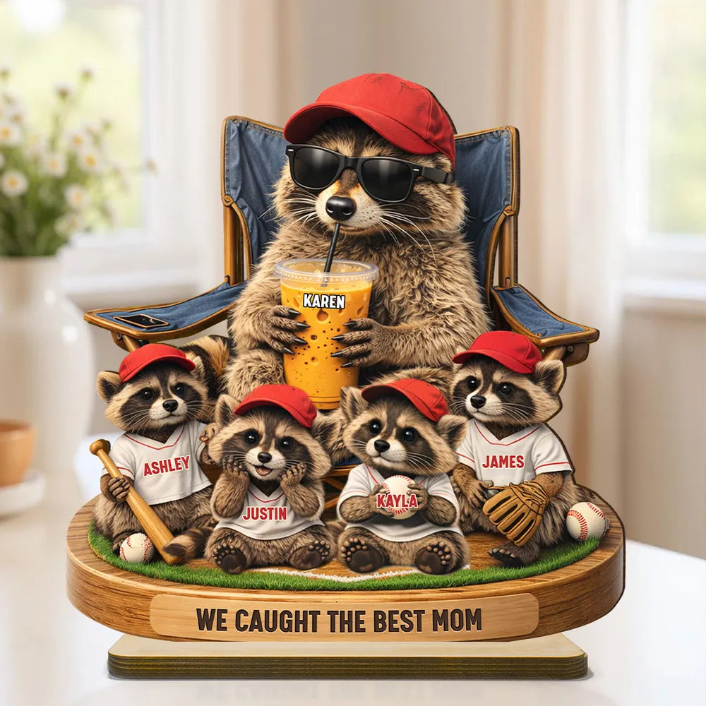 Personalized 2-Layer Wooden Plaque, Funny Raccoon Baseball Dad Scene, Unique Father's Day Gift