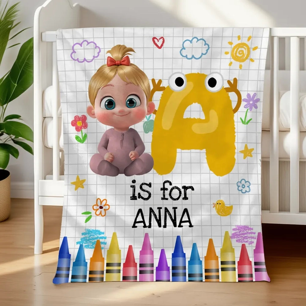 Cute Cartoon Baby Holding Big Letter Fleece Blanket, Personalized Nursery Throw For Snuggles & Smiles, Thoughtful Gift