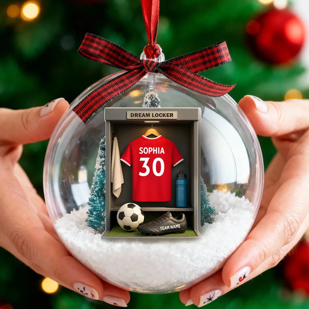 Christmas Snow Globe Ornament - Soccer Locker Mini Scene, Clear Acrylic, Personalized - Unique Gift for Son, Grandson, Boyfriend