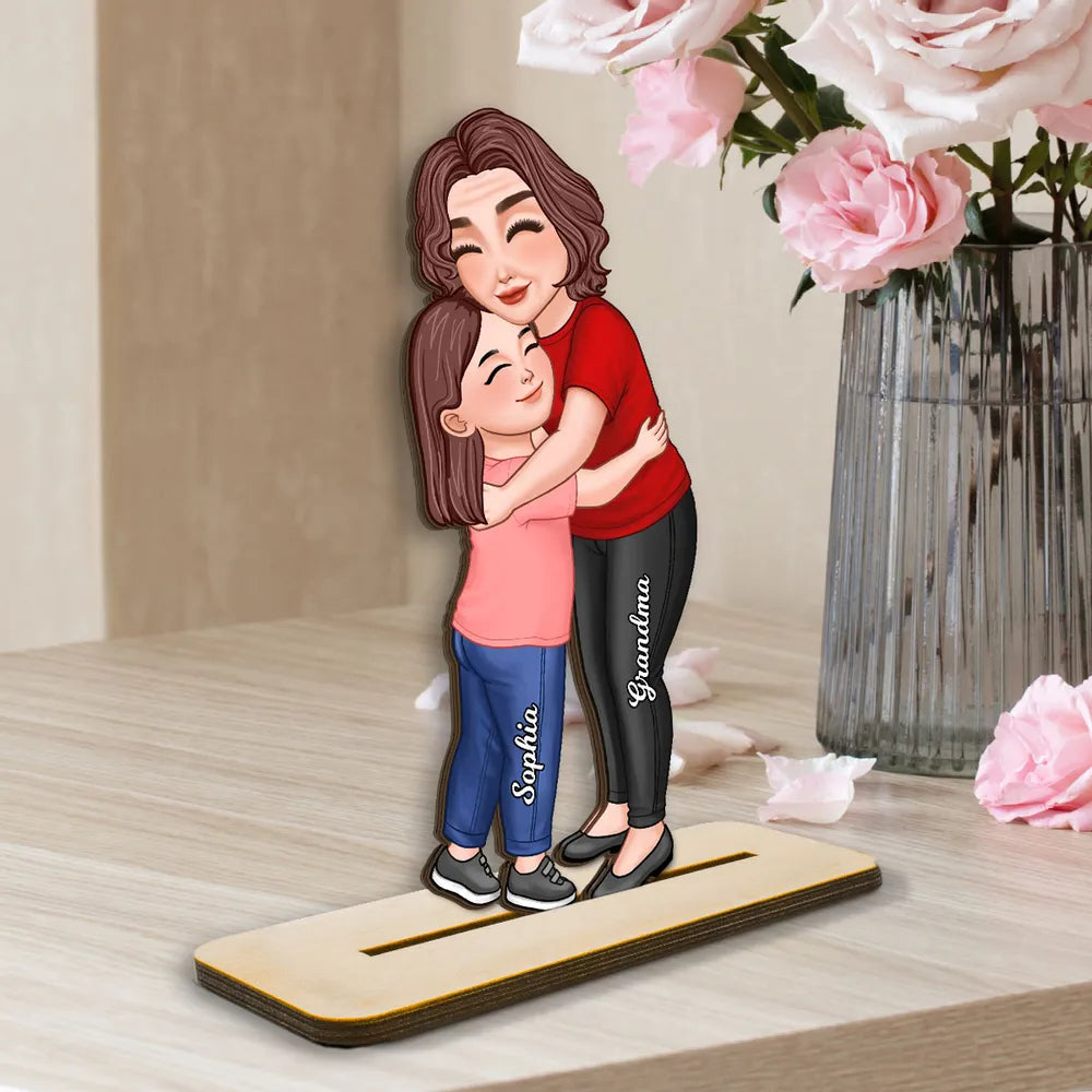 Wooden Plaque Personalized Hugging Grandma & Grandkid Freestanding Decor, Warm Cartoon Style, Unique Gift for Grandma