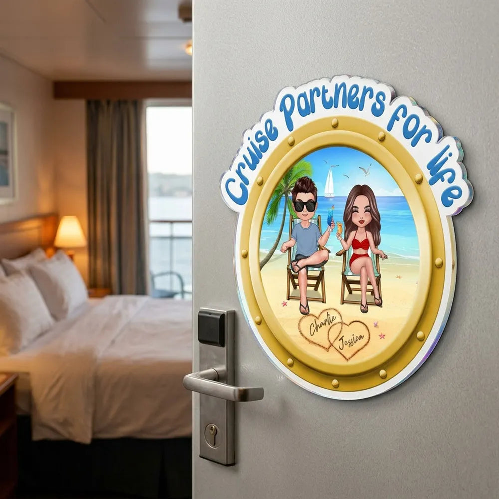 Personalized Acrylic Fridge Magnet Cruise Partners For Life Beach Couple Sitting Scene - Unique Couple Gift
