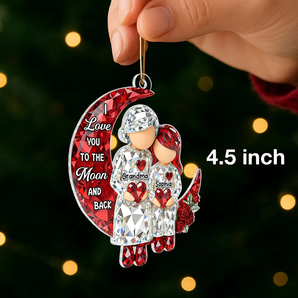 Acrylic Ornament Personalized Grandma and Grandkid Moon Hug Scene I Love You to the Moon and Back Sweet Holiday Gift