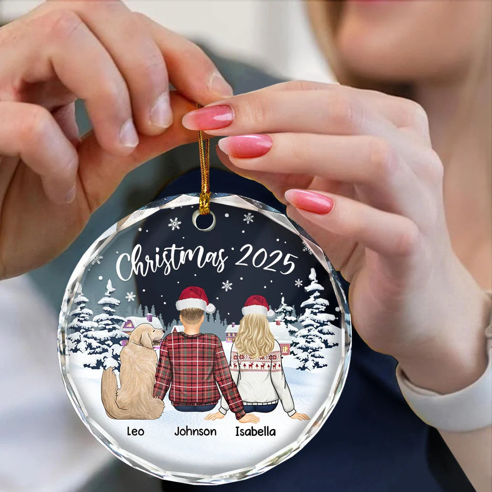 Crystal Ornament with cozy snowy village scene, customizable couple & pets design, perfect Christmas gift