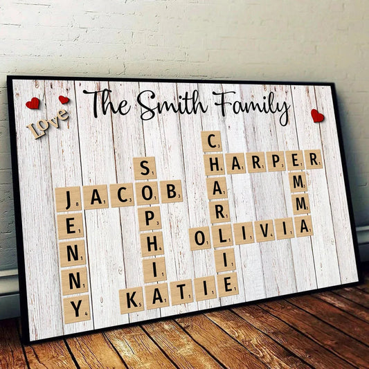 Personalized Family Crossword Poster, Plaque, or Ornament – Custom Family Names Gift for Home Décor and Special Occasions
