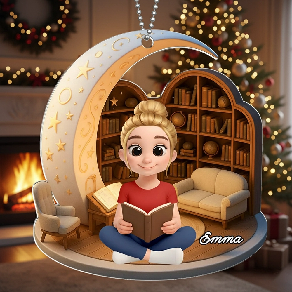 Book Lover Acrylic Ornament – Cozy Moonlight Reading Scene, High-Clarity Collectible Gift for Readers