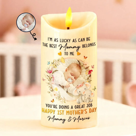 Personalized Flameless LED Candle with Baby Photo and Mommy Quote - Unique Mother's Day Gift, Warm Glow Keepsake