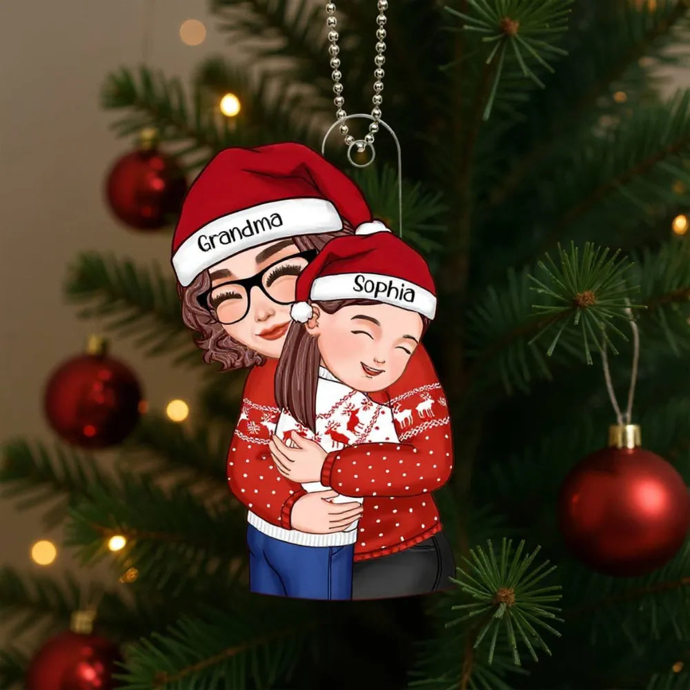 Acrylic Ornament with Grandma & Granddaughter Hug Design, Christmas Sweater Style, Clear Print, Perfect Holiday Gift