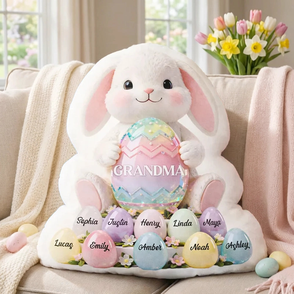 Grandma Easter Bunny Shaped Pillow, Personalized Keepsake With Pastel Egg Art, Sweet Home Decor Gift for Grandma