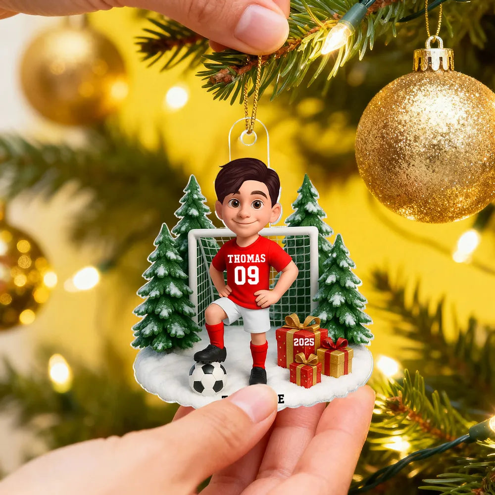 Kids Soccer Goal Ornament with Snowy Ball & Net Scene | Holiday Gift