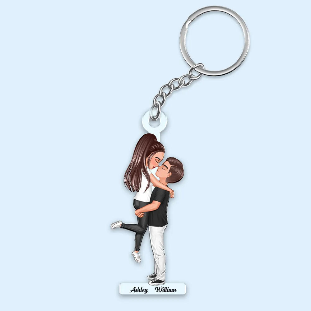 Personalized Acrylic Keychain for Couples, Silver Chain & Ring, Embrace Pose, Everyday Keepsake