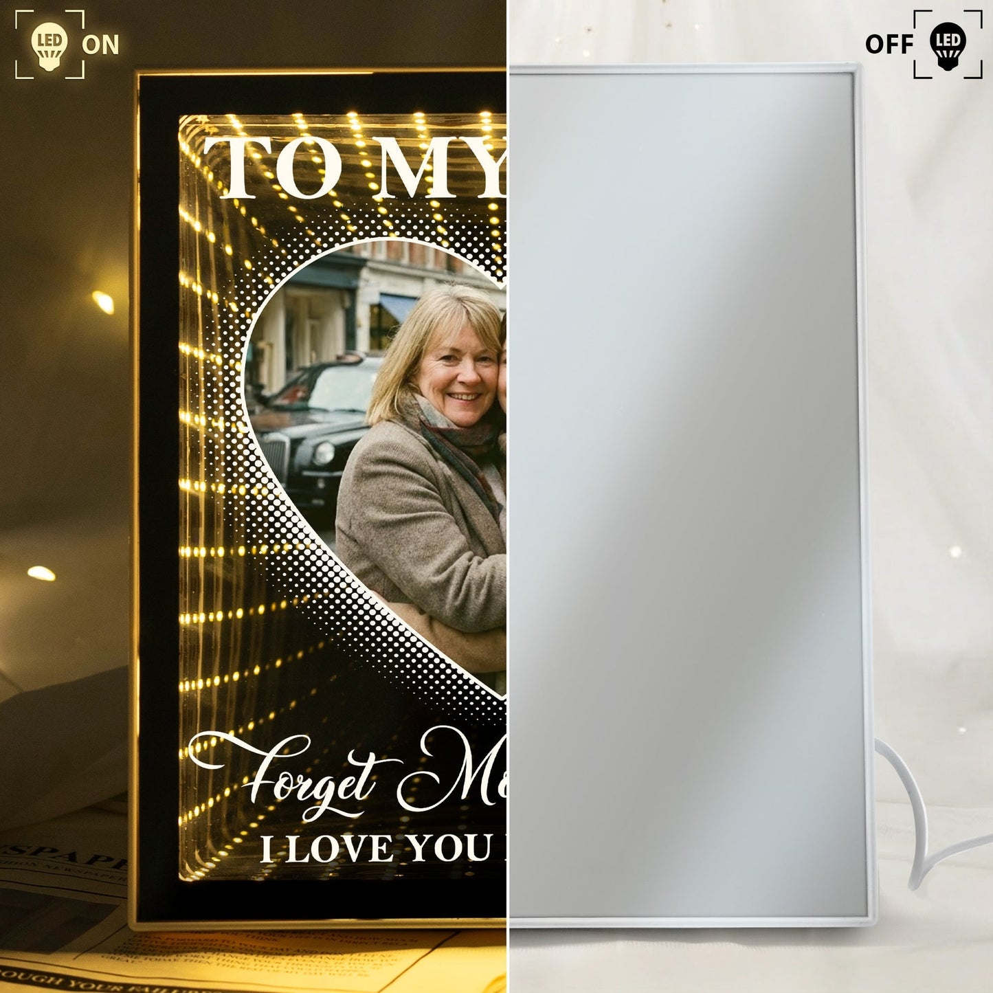 Infinity Mirror Light Box for Mom - Heart Photo Tunnel Glow, Warm Golden Lights, Unique Mother's Day Gift