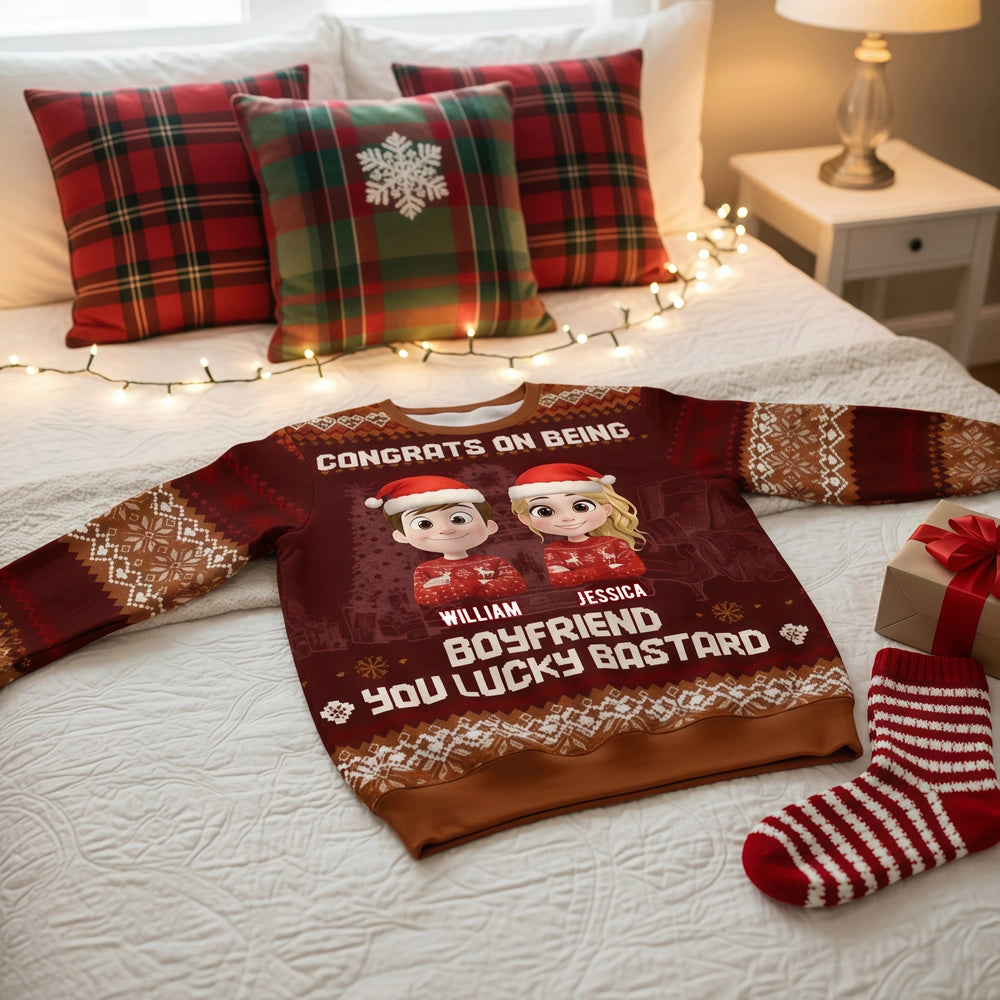 Custom Cartoon Couple Printed Sweatshirt for Husband – Playful Christmas-Inspired Design, One-of-a-Kind Romantic Gift