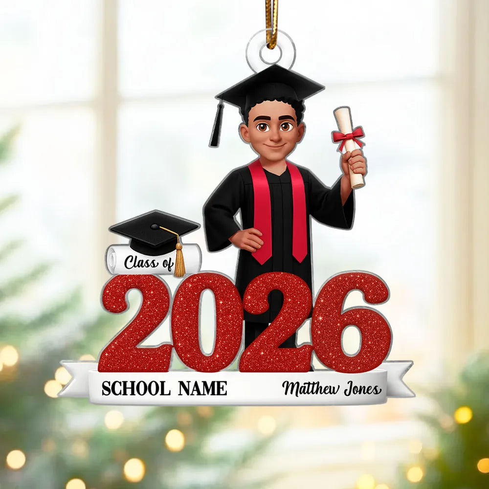 Graduation Acrylic Ornament, red glitter design with cap & diploma, celebrate achievement, perfect graduation gift keepsake