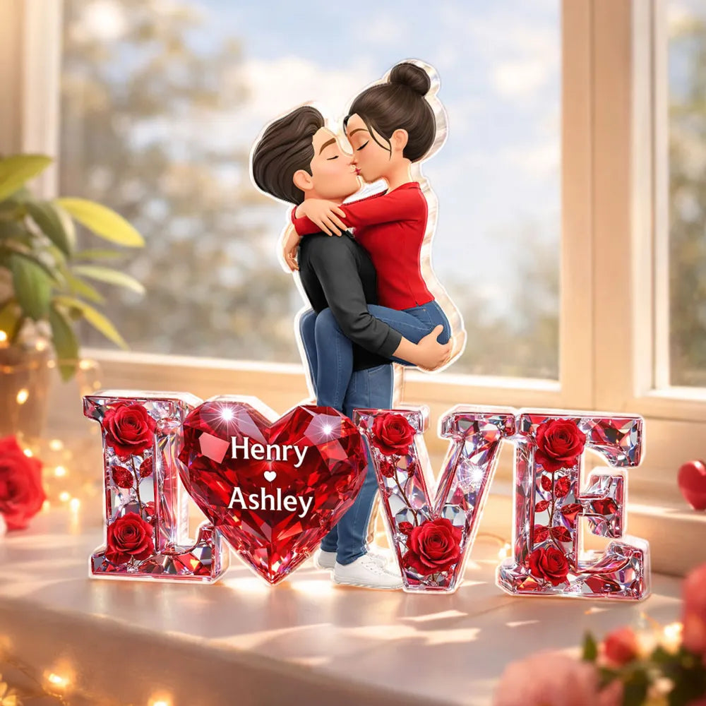Personalized Shaped Acrylic Block Plaque Kissing Couple with LOVE Heart Roses Romantic Shelf Decor Unique Gift