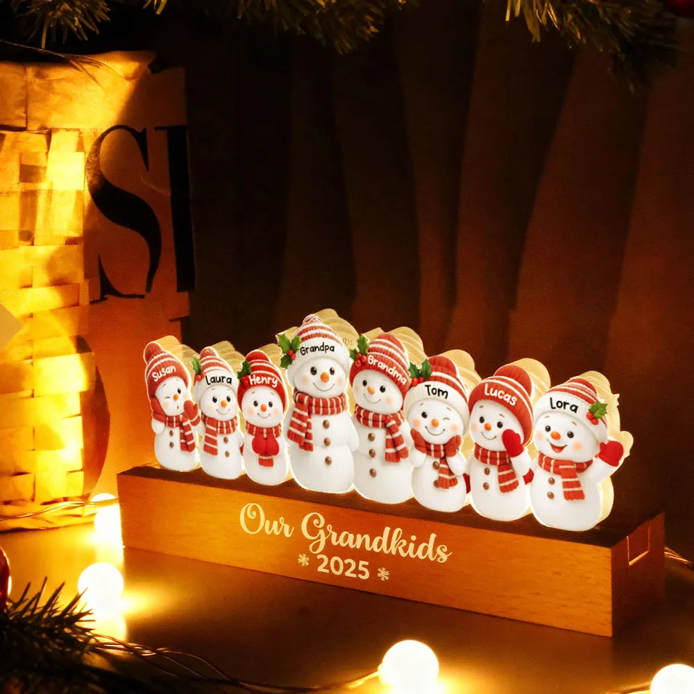 Snowman Grandkids Acrylic Block LED Plaque - Cozy Christmas Glow, a unique gift for Grandparents