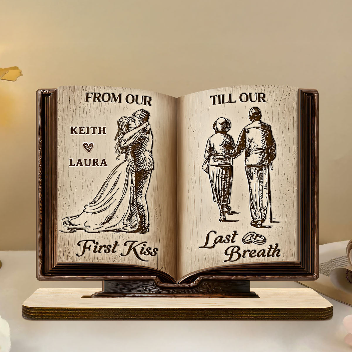 Personalized 2-Layer Wooden Plaque Book for Couples From First Kiss to Last Breath, Romantic Keepsake & Unique Anniversary Gift