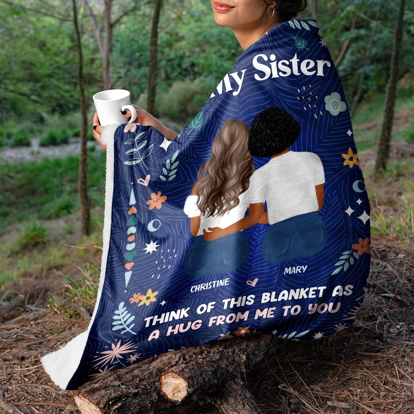 Fleece Blanket for Sister, Hugging Sisters Art with 'To My Sister' & 'A Hug from Me to You', Navy Floral, a Unique Gift
