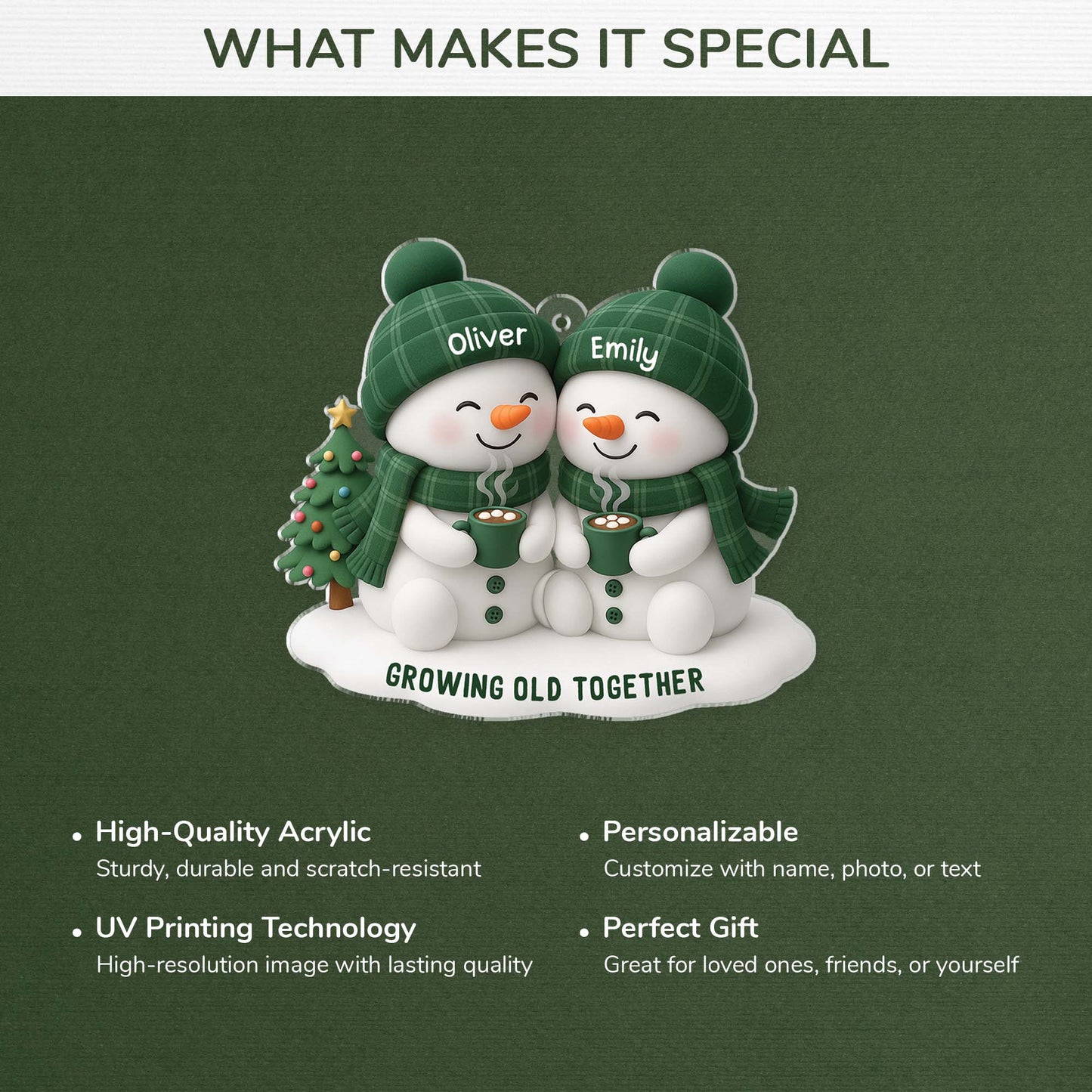 Acrylic Ornament Snowman Couple, hugging with hot cocoa for Christmas Tree, Growing Old Together unique gift for couples