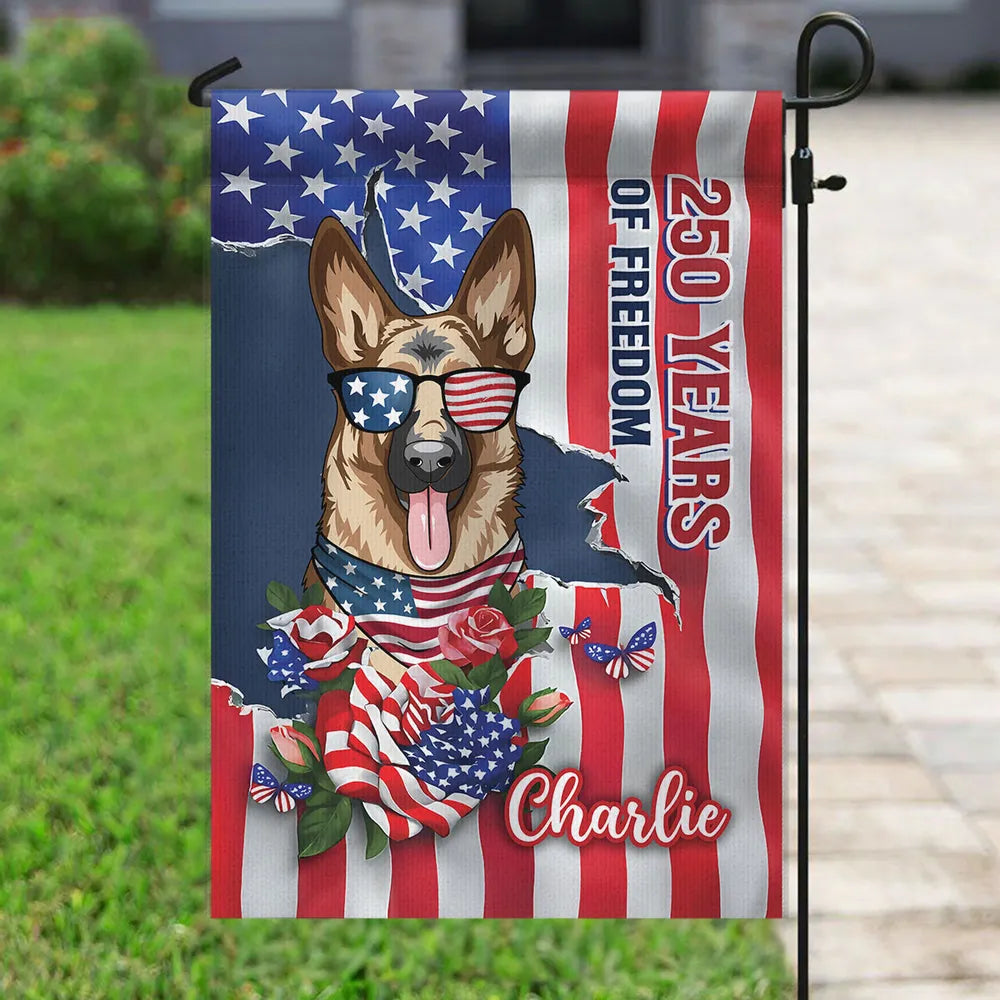 Personalized Patriotic Dog Garden Flag, 250 Years of Freedom Yard Decor, Unique Gift for Dog Lovers