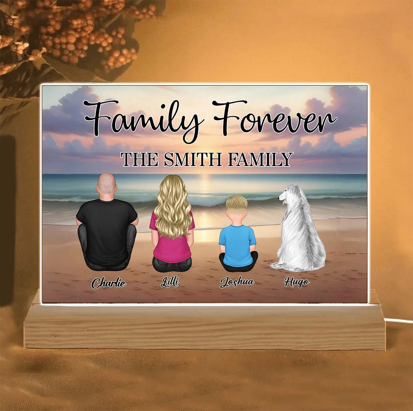 Family Forever Beach Design - Personalized Wooden Carhanger, LED Plaque, Keychain, Poster, Wallet Card, and Pillow, Unique Gift