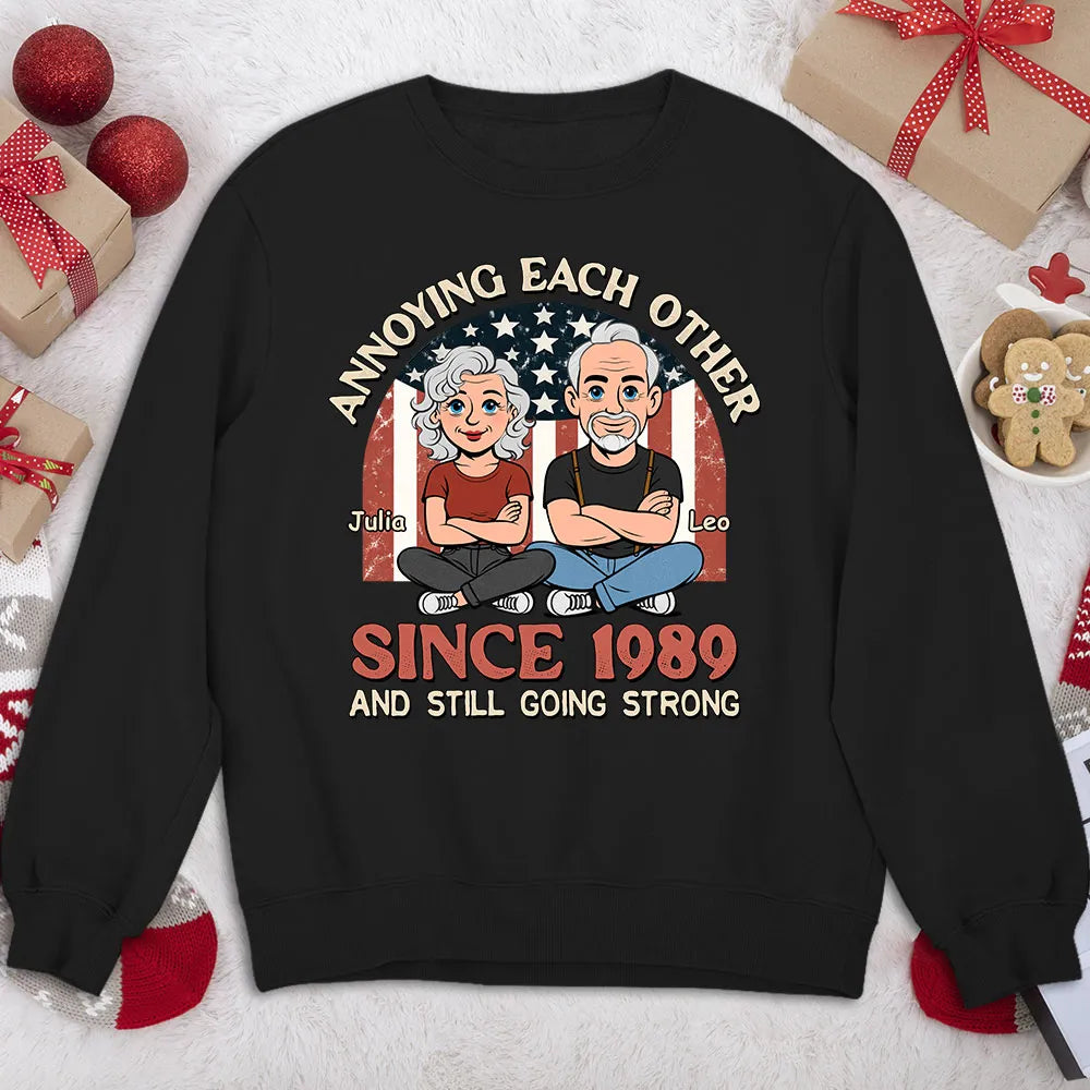 Personalized Classic Tee With Funny Couple Cartoon and USA Flag Backdrop - Unique Anniversary Gift