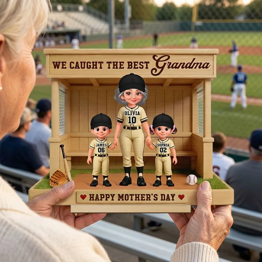 Personalized 2-Layer Wooden Plaque with Baseball Grandma and Grandkids in a Dugout - Unique Mother's Day Gift