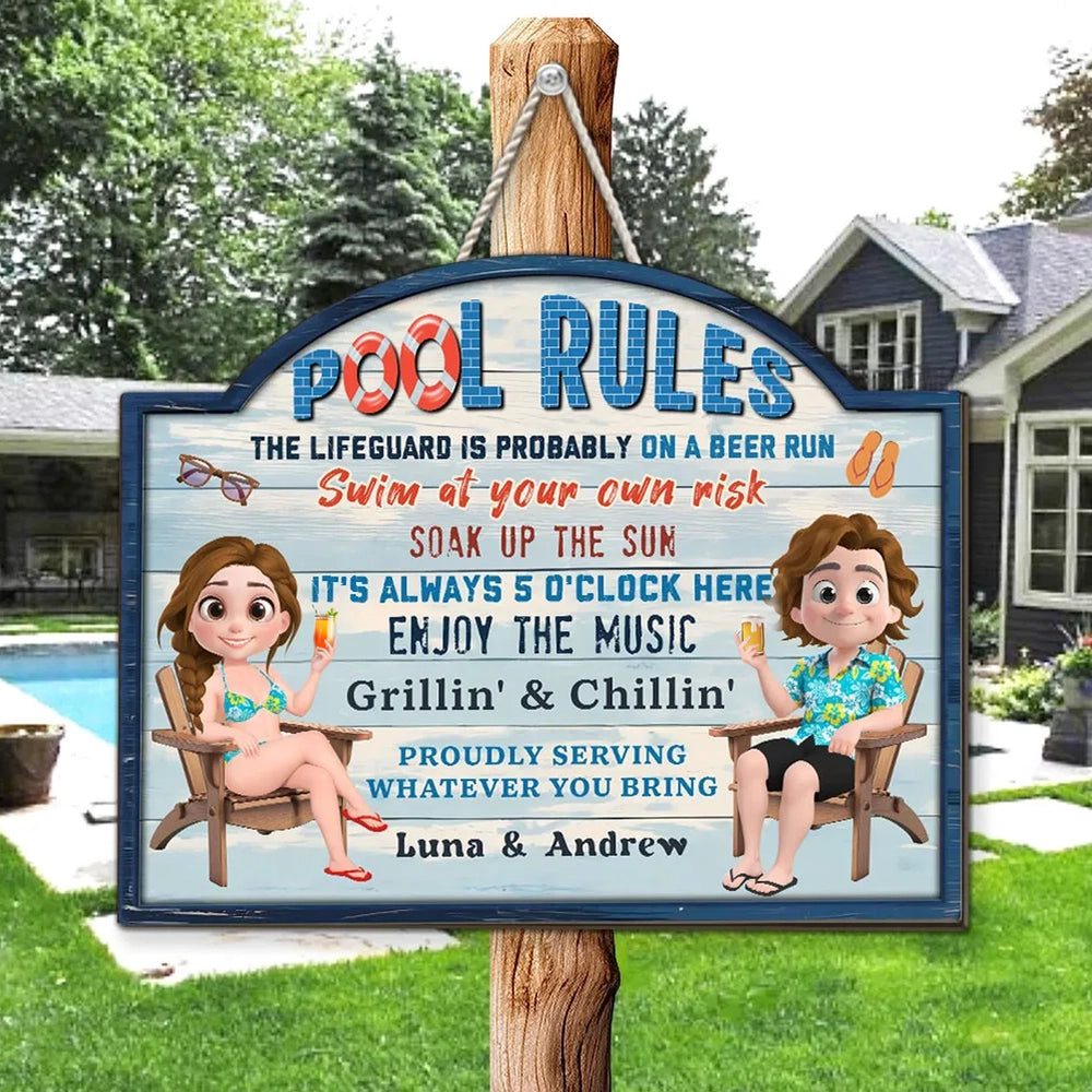Poolside Grillin' & Chillin' Personalized Wooden Sign, Beachy Funny Backyard Decor, Unique Gift For Couples