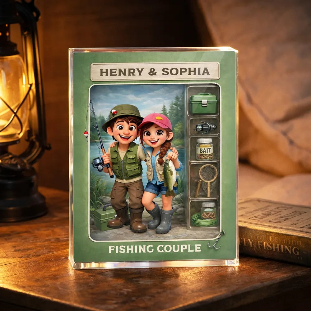 Personalized Rectangle Acrylic Block Plaque Fishing Couple Cartoon Keepsake for Lake-Loving Partners, Unique Creative Gift