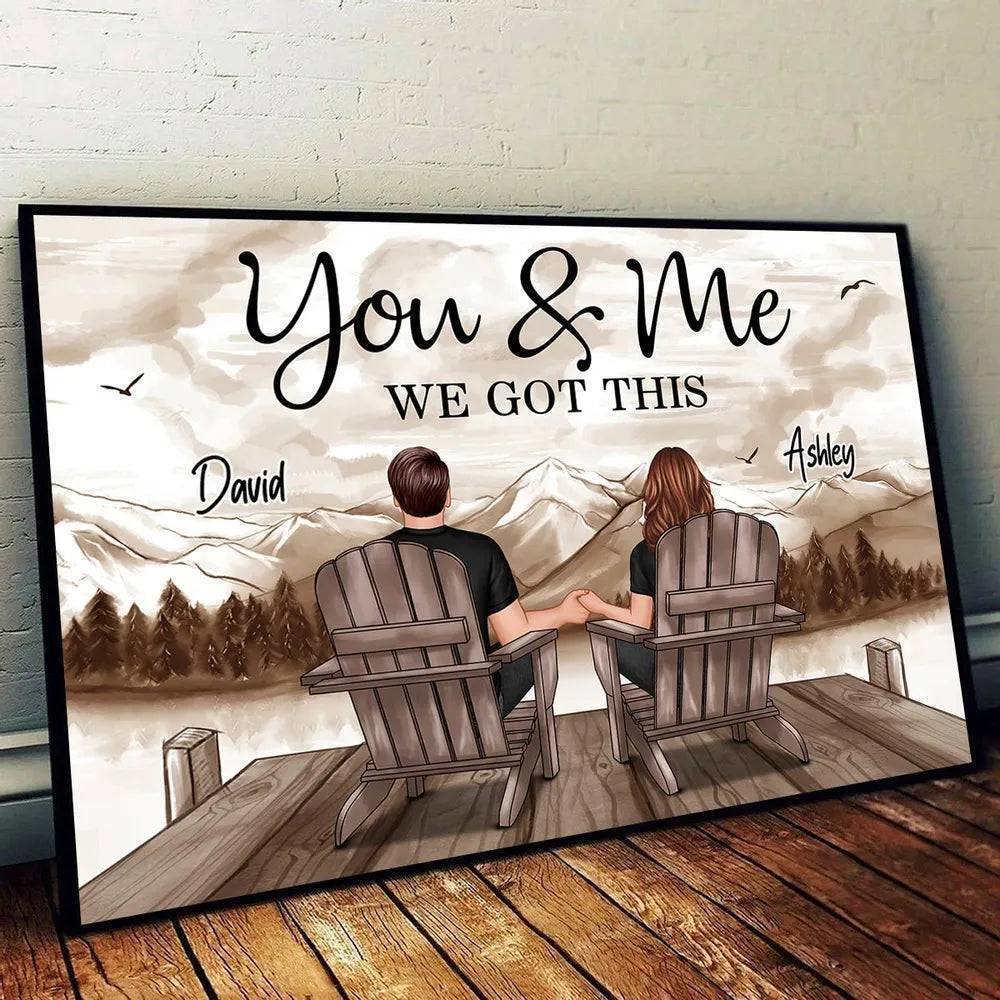 Retro Vintage Back View Couple Sitting Mountain Landscape Personalized Horizontal Poster or Canvas