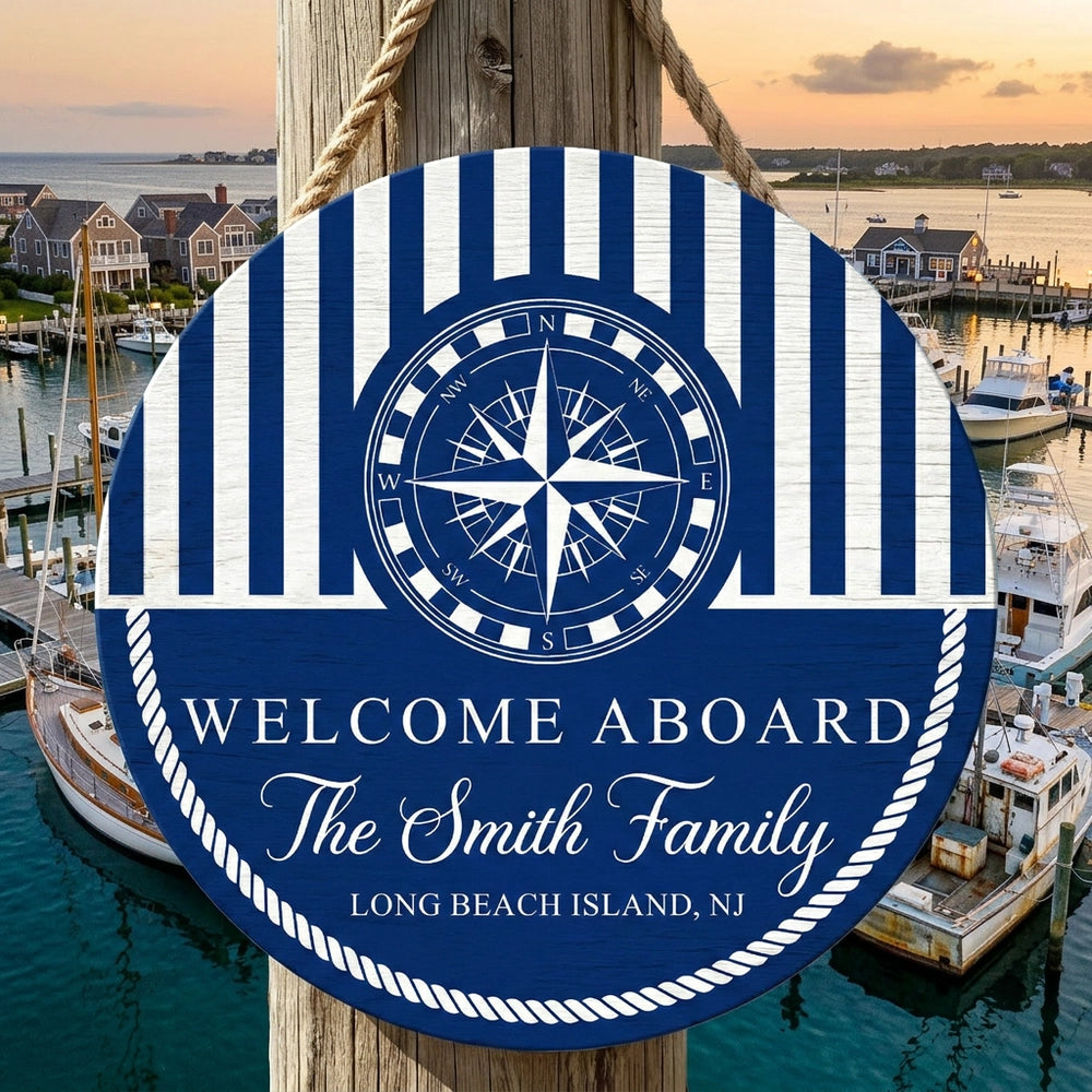 Personalized Welcome Aboard Wooden Sign With Nautical Compass And Stripes, Unique Coastal Gift For Families