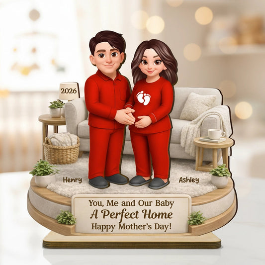 Personalized 2-Layer Wooden Plaque for Expecting Couple in Cozy Living Room Scene, Unique Mother's Day Gift