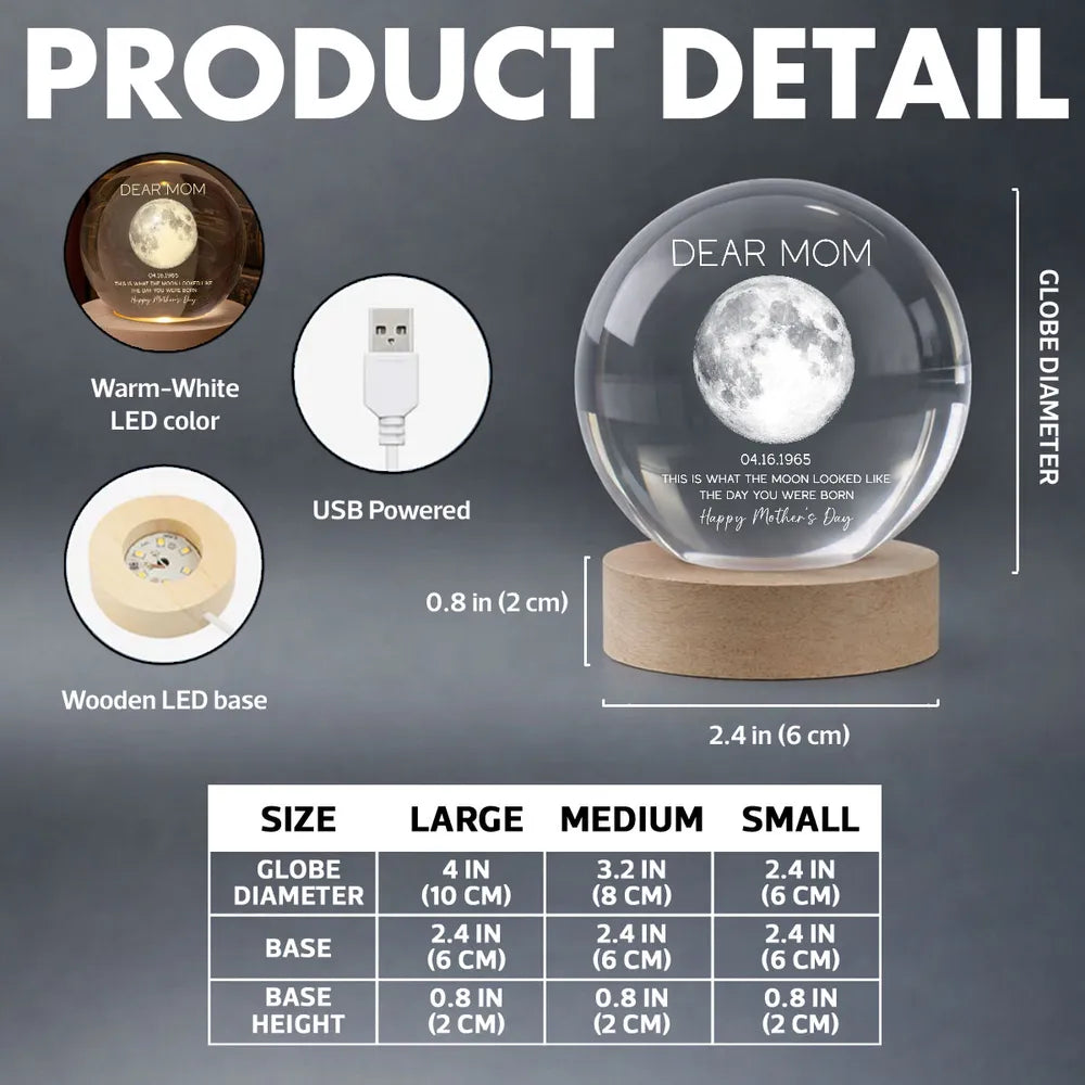 Personalized Moon Phase Globe Lamp Dear Mom Night Light for Bedroom Decor - Unique Mother's Day Gift