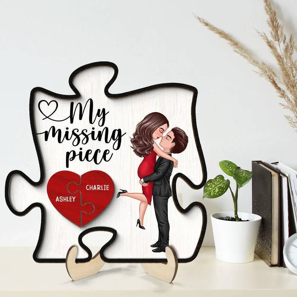 Embrace of Love - 'My Missing Piece' Personalized Puzzle Heart 2-Layer Wooden Plaque - Romantic Valentine's & Anniversary Gift for Couples