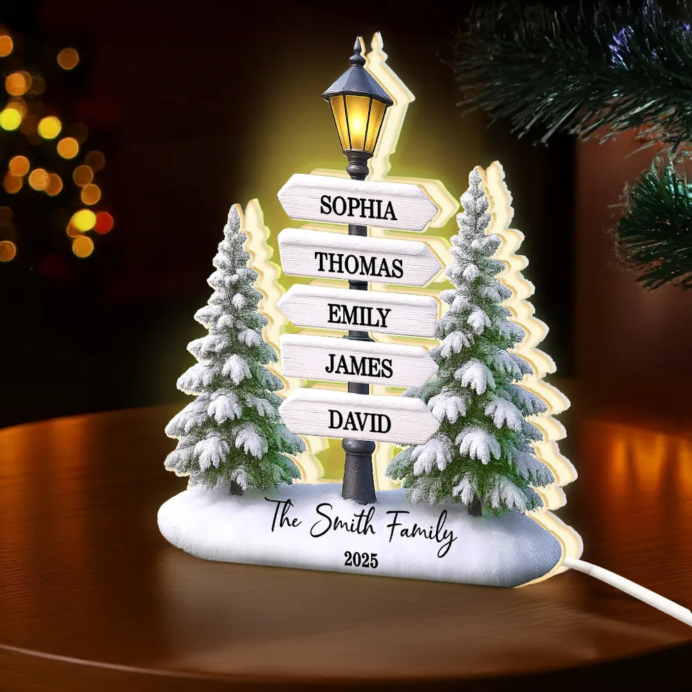 Personalized Christmas Acrylic Light Box with Family Signpost & Snowy Trees, Warm Glow Holiday Décor, Unique Gift for Loved Ones