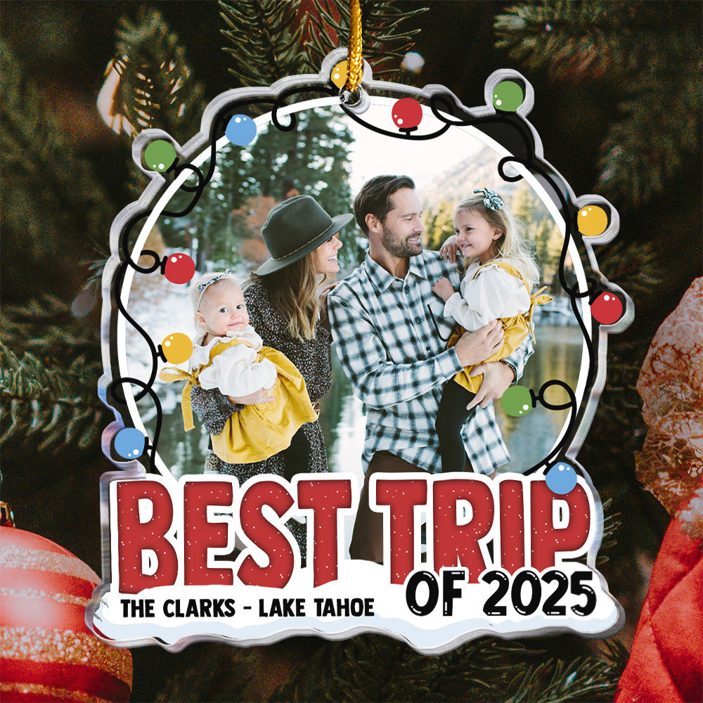 Acrylic Ornament Custom Photo, Festive Lights Frame, Family Hug by a Mountain Lake - Unique Gift for Travelers & Families