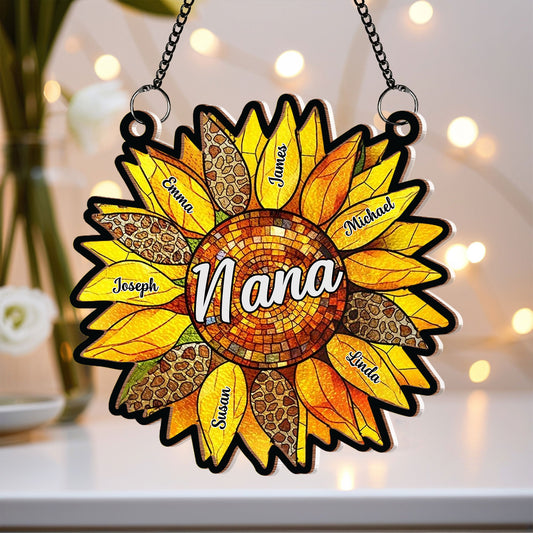 Nana Auntie Mom Family Sunflower Window Hanging Ornament - Personalized Wood and Acrylic Layered Design for Mother's Day, Valentine's Day, or Family Gifting