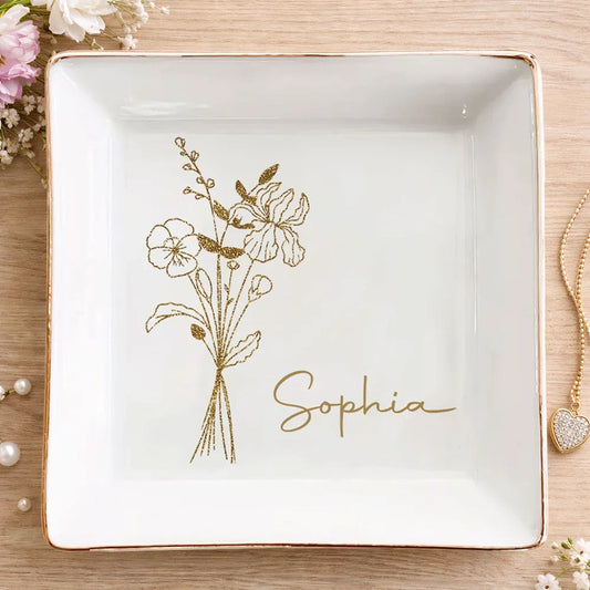Elegant Jewelry Dish Personalized with Name, Minimal Gold Bouquet Vanity Catchall, Thoughtful Sentimental Gift