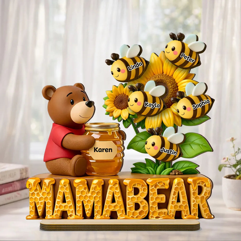 Mama Bear with Honey Jar & Sunflower Bees 2-Layer Wooden Plaque, Personalized Family Keepsake for Mom, Warm Living Room Gift