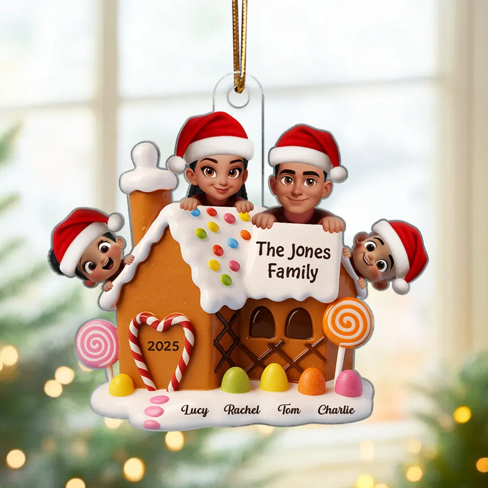 Christmas Gingerbread House Acrylic Ornament with Cute Cartoon Family Design, Warm Holiday Décor, Perfect Gift for Loved Ones