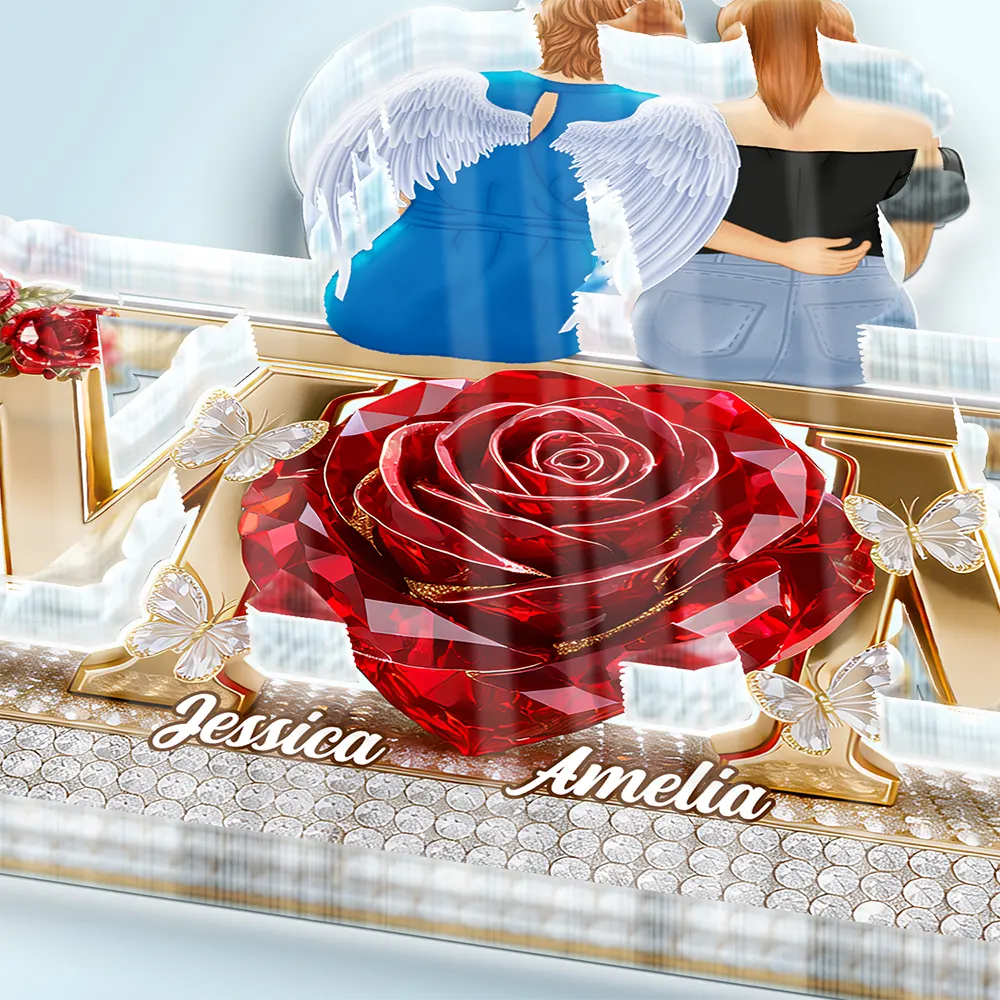 Personalized Shaped Acrylic Block Plaque Mom With Daughters Back-Hug Design, Red Rose Heart Keepsake, Unique Gift for Mom